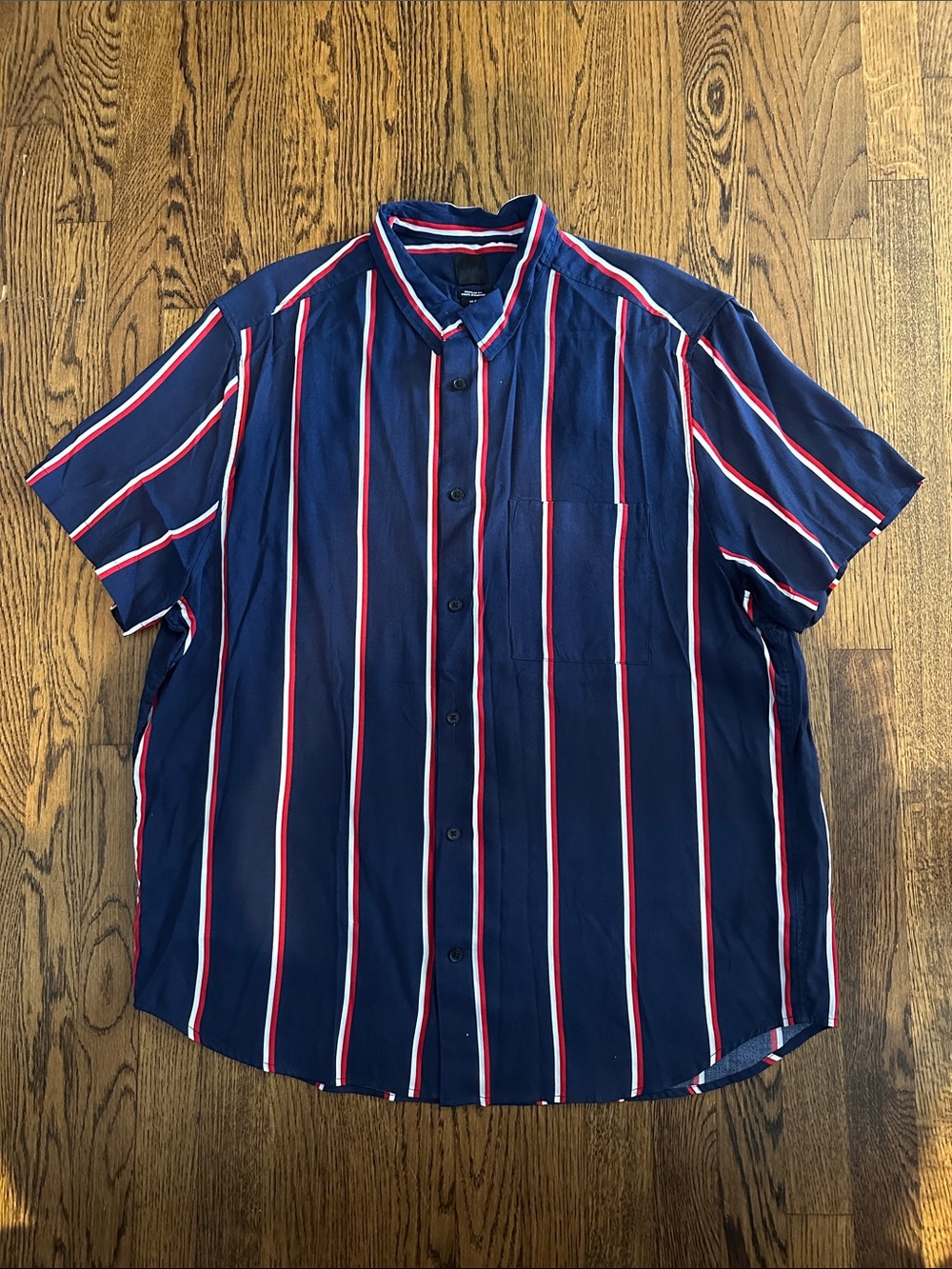 Men's Navy Short-Sleeve Button-Up Shirt with Red & White Stripes